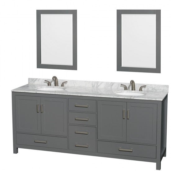 80 Inch Double Bathroom Vanity in Dark Gray, White Carrara Marble Countertop, Oval Sinks, 24 Inch Mirrors
