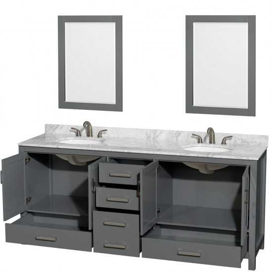 80 Inch Double Bathroom Vanity in Dark Gray, White Carrara Marble Countertop, Oval Sinks, 24 Inch Mirrors