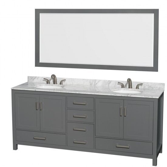 80 Inch Double Bathroom Vanity in Dark Gray, White Carrara Marble Countertop, Oval Sinks, 70 Inch Mirror