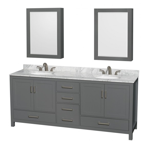 80 Inch Double Bathroom Vanity in Dark Gray, White Carrara Marble Countertop, Oval Sinks, Medicine Cabinets