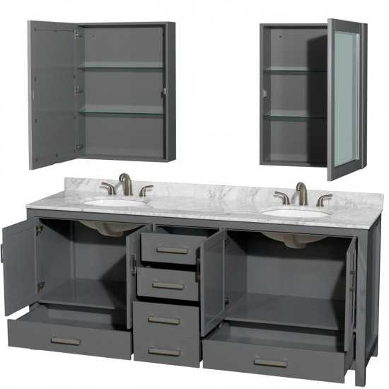 80 Inch Double Bathroom Vanity in Dark Gray, White Carrara Marble Countertop, Oval Sinks, Medicine Cabinets