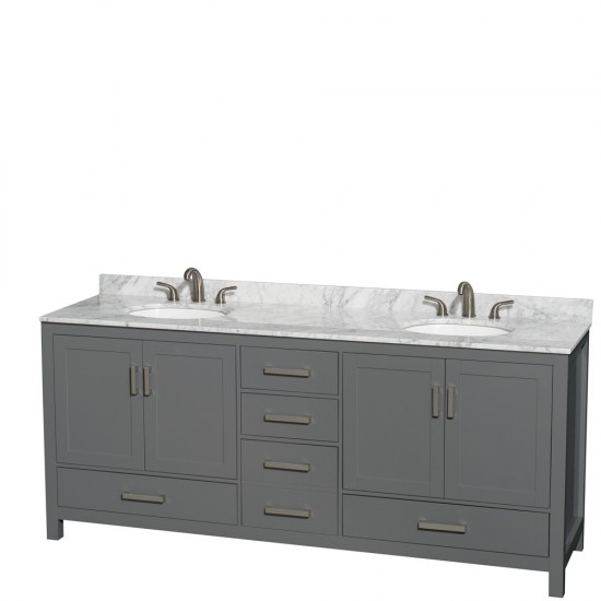 80 Inch Double Bathroom Vanity in Dark Gray, White Carrara Marble Countertop, Oval Sinks, No Mirror