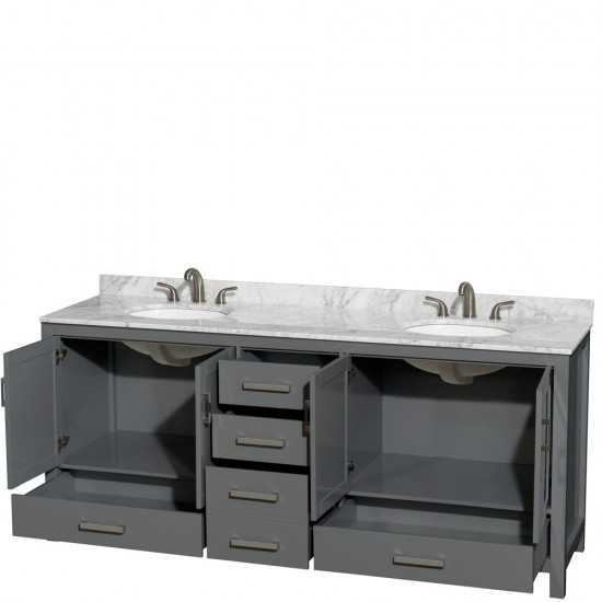 80 Inch Double Bathroom Vanity in Dark Gray, White Carrara Marble Countertop, Oval Sinks, No Mirror