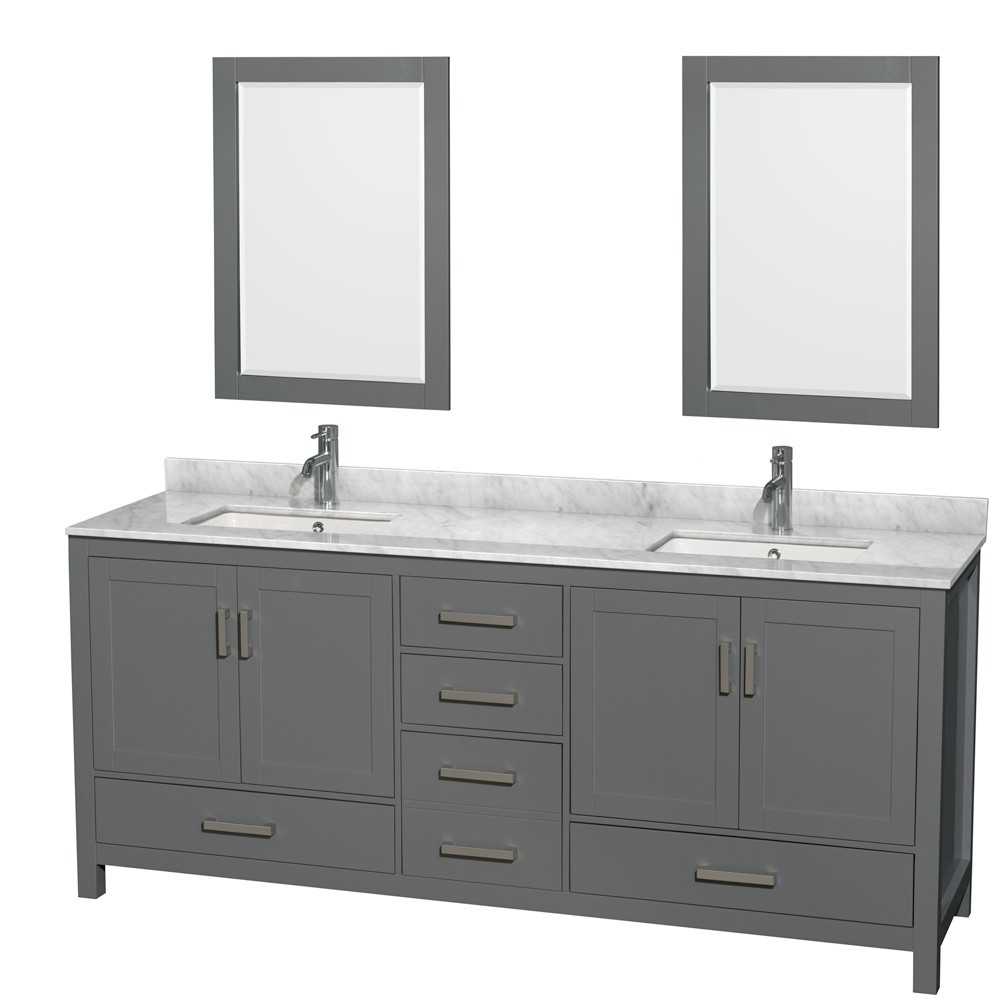 80 Inch Double Bathroom Vanity in Dark Gray, White Carrara Marble Countertop, Sinks, 24 Inch Mirrors