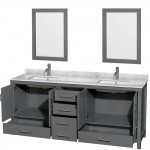 80 Inch Double Bathroom Vanity in Dark Gray, White Carrara Marble Countertop, Sinks, 24 Inch Mirrors