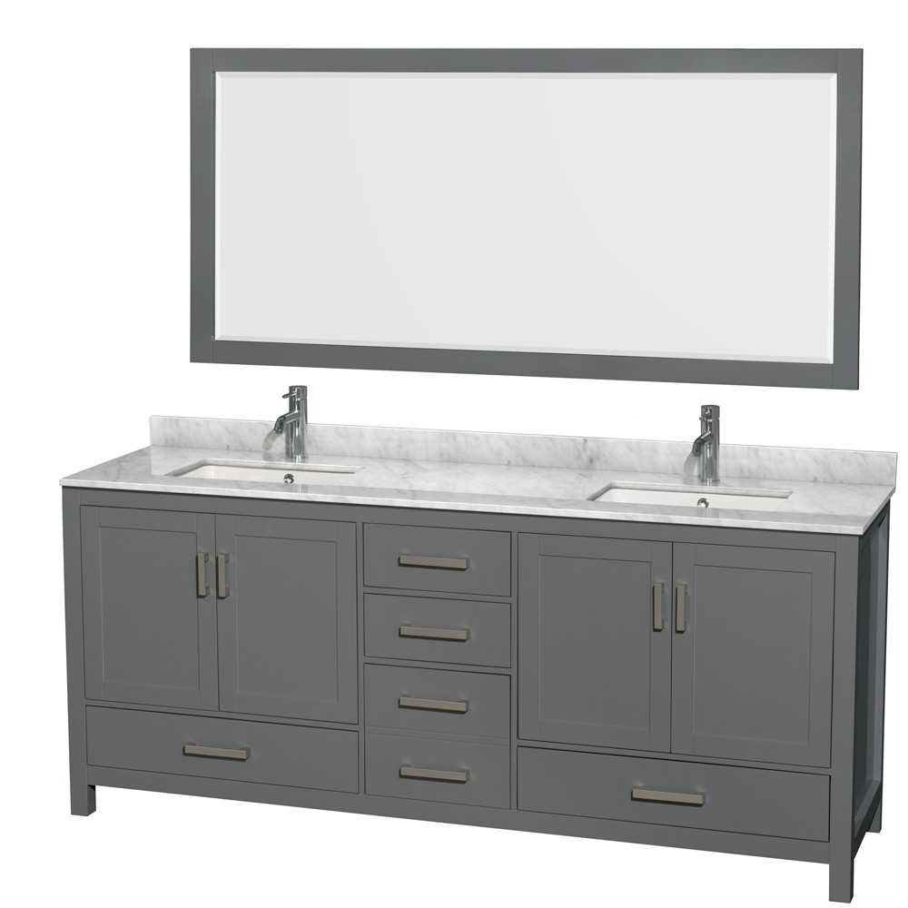 80 Inch Double Bathroom Vanity in Dark Gray, White Carrara Marble Countertop, Sinks, 70 Inch Mirror