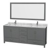 80 Inch Double Bathroom Vanity in Dark Gray, White Carrara Marble Countertop, Sinks, 70 Inch Mirror