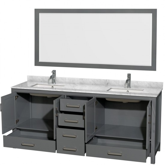 80 Inch Double Bathroom Vanity in Dark Gray, White Carrara Marble Countertop, Sinks, 70 Inch Mirror