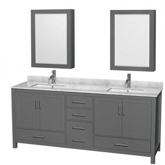 80 Inch Double Bathroom Vanity in Dark Gray, White Carrara Marble Countertop, Sinks, Medicine Cabinets