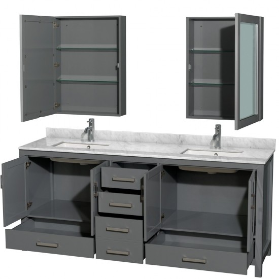 80 Inch Double Bathroom Vanity in Dark Gray, White Carrara Marble Countertop, Sinks, Medicine Cabinets