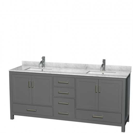 80 Inch Double Bathroom Vanity in Dark Gray, White Carrara Marble Countertop, Sinks, No Mirror