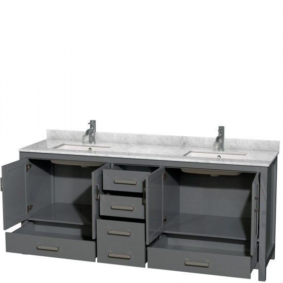 80 Inch Double Bathroom Vanity in Dark Gray, White Carrara Marble Countertop, Sinks, No Mirror