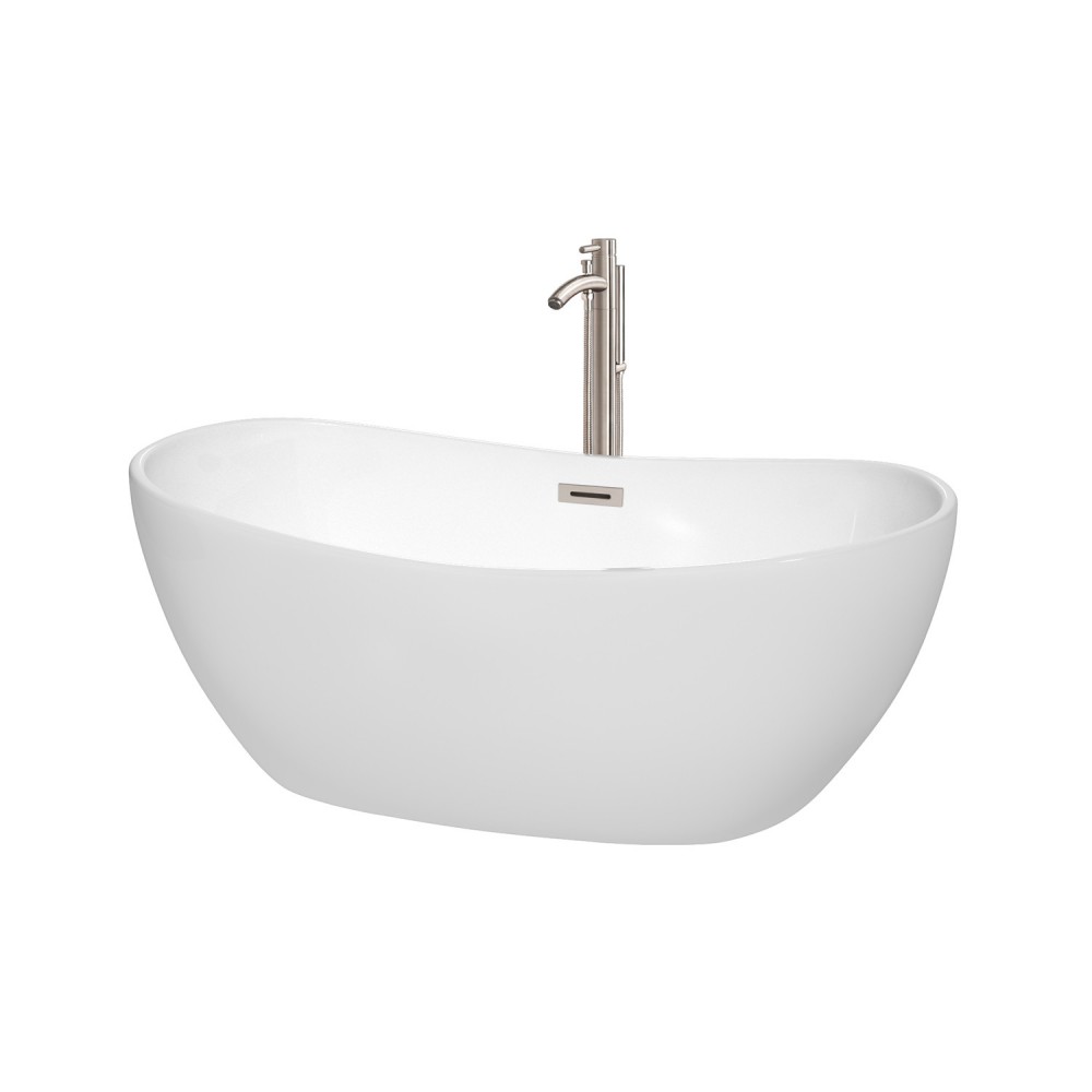 60 Inch Freestanding Bathtub in White, Floor Mounted Faucet, Drain, Trim in Nickel