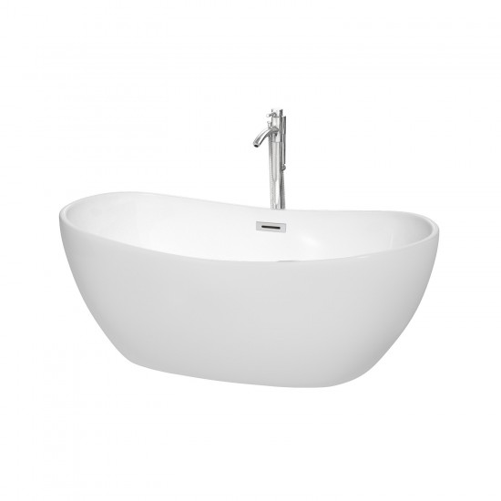 60 Inch Freestanding Bathtub in White, Floor Mounted Faucet, Drain, Trim in Chrome