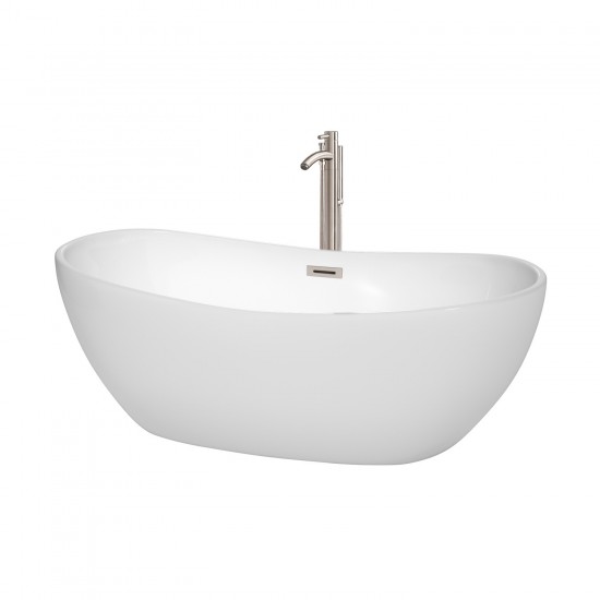 65 Inch Freestanding Bathtub in White, Floor Mounted Faucet, Drain, Trim in Nickel