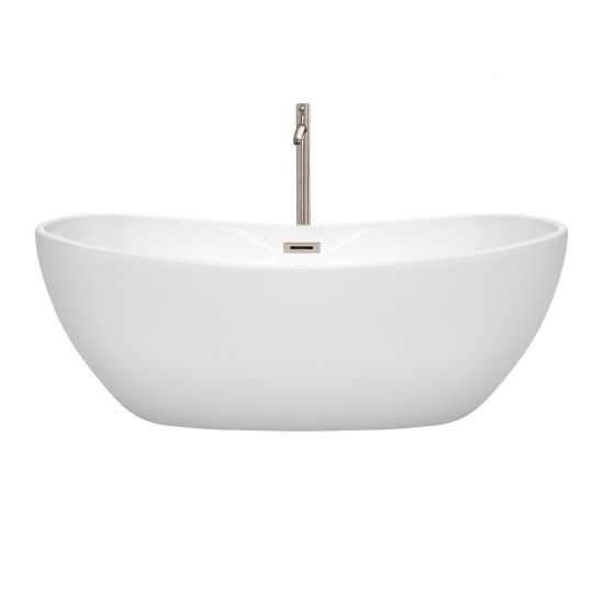 65 Inch Freestanding Bathtub in White, Floor Mounted Faucet, Drain, Trim in Nickel