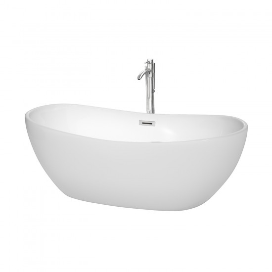 65 Inch Freestanding Bathtub in White, Floor Mounted Faucet, Drain, Trim in Chrome