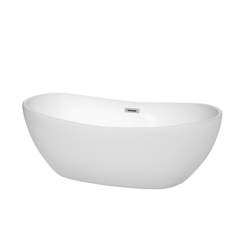 65 Inch Freestanding Bathtub in White, Brushed Nickel Drain and Overflow Trim