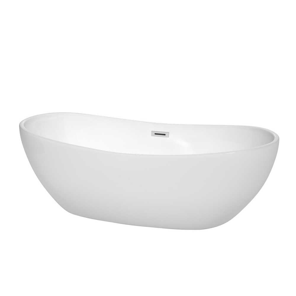 70 Inch Freestanding Bathtub in White, Polished Chrome Drain and Overflow Trim