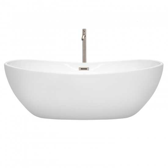 70 Inch Freestanding Bathtub in White, Floor Mounted Faucet, Drain, Trim in Nickel