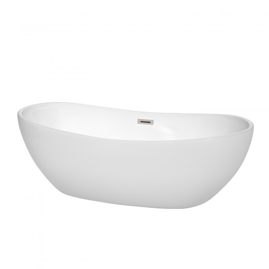 70 Inch Freestanding Bathtub in White, Brushed Nickel Drain and Overflow Trim