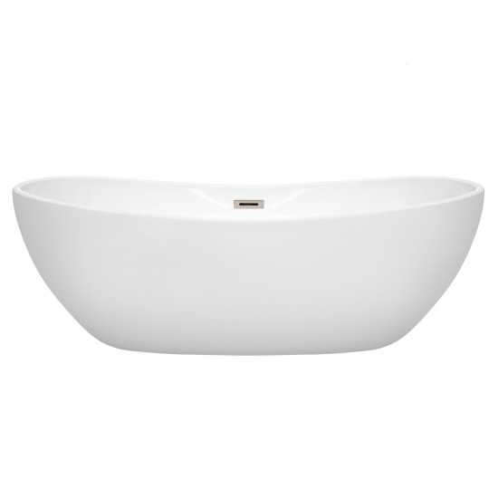 70 Inch Freestanding Bathtub in White, Brushed Nickel Drain and Overflow Trim