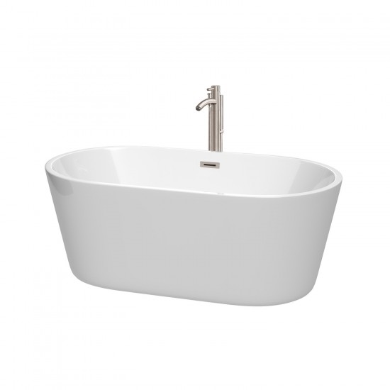 60 Inch Freestanding Bathtub in White, Floor Mounted Faucet, Drain, Trim in Nickel