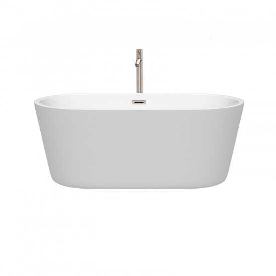 60 Inch Freestanding Bathtub in White, Floor Mounted Faucet, Drain, Trim in Nickel