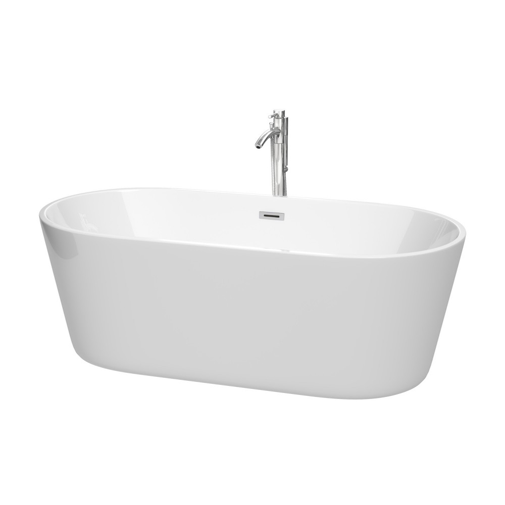 67 Inch Freestanding Bathtub in White, Floor Mounted Faucet, Drain, Trim in Chrome