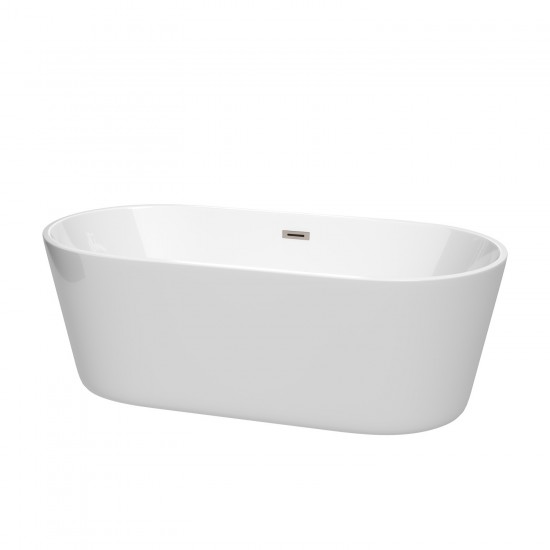 67 Inch Freestanding Bathtub in White, Brushed Nickel Drain and Overflow Trim