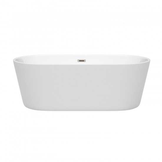 67 Inch Freestanding Bathtub in White, Brushed Nickel Drain and Overflow Trim