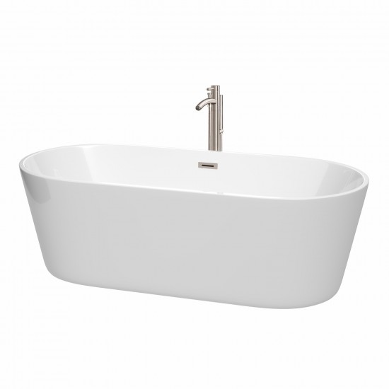 71 Inch Freestanding Bathtub in White, Floor Mounted Faucet, Drain, Trim in Nickel