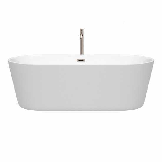 71 Inch Freestanding Bathtub in White, Floor Mounted Faucet, Drain, Trim in Nickel