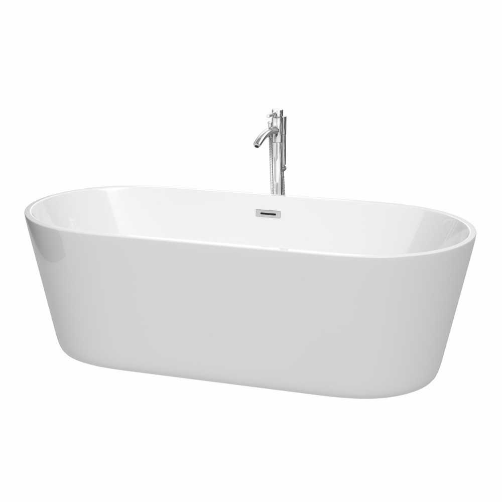 71 Inch Freestanding Bathtub in White, Floor Mounted Faucet, Drain, Trim in Chrome