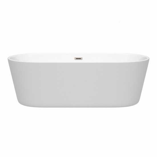 71 Inch Freestanding Bathtub in White, Brushed Nickel Drain and Overflow Trim