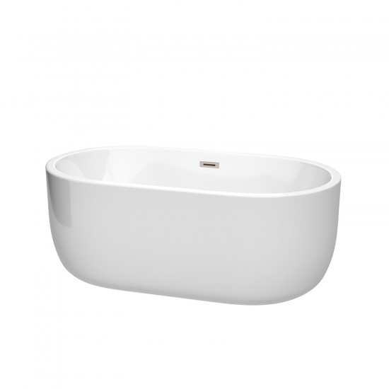 60 Inch Freestanding Bathtub in White, Brushed Nickel Drain and Overflow Trim