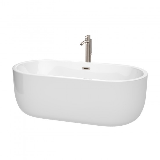 67 Inch Freestanding Bathtub in White, Floor Mounted Faucet, Drain, Trim in Nickel