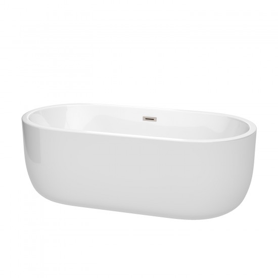 67 Inch Freestanding Bathtub in White, Brushed Nickel Drain and Overflow Trim