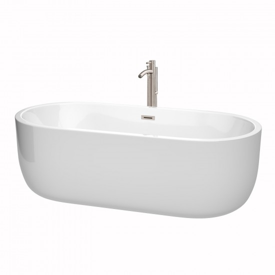 71 Inch Freestanding Bathtub in White, Floor Mounted Faucet, Drain, Trim in Nickel