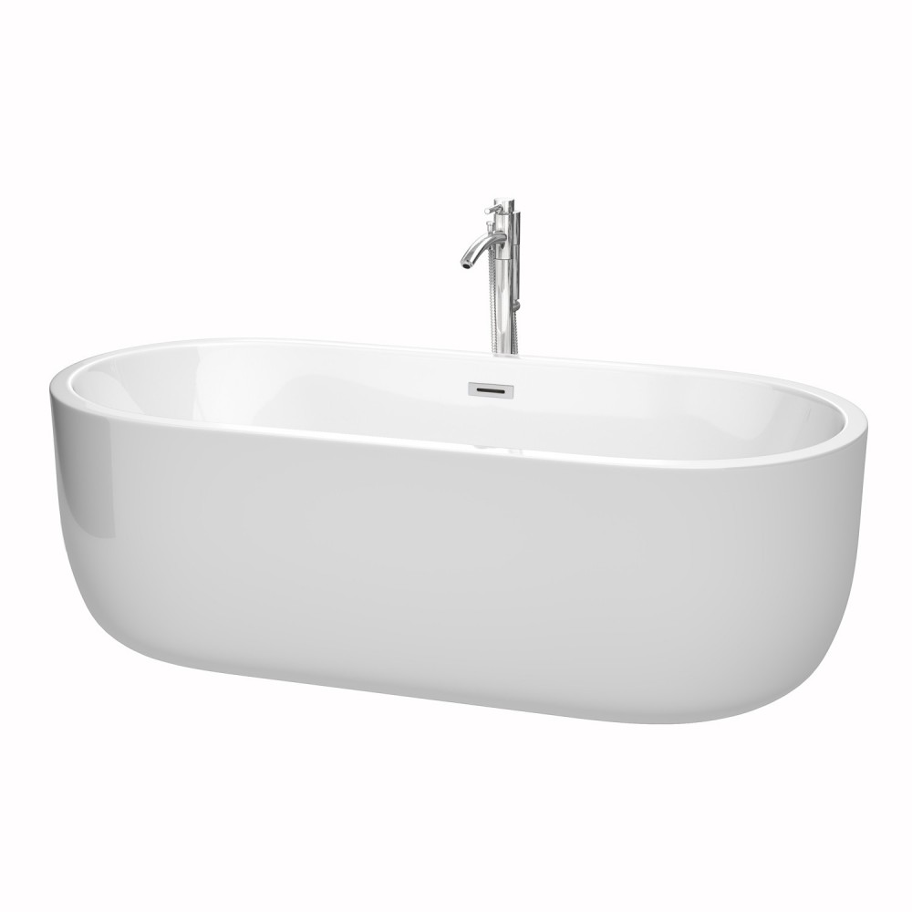 71 Inch Freestanding Bathtub in White, Floor Mounted Faucet, Drain, Trim in Chrome