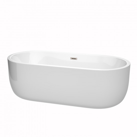 71 Inch Freestanding Bathtub in White, Brushed Nickel Drain and Overflow Trim