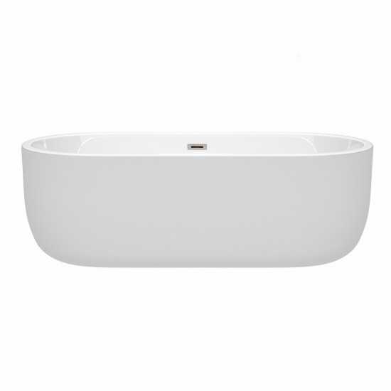 71 Inch Freestanding Bathtub in White, Brushed Nickel Drain and Overflow Trim