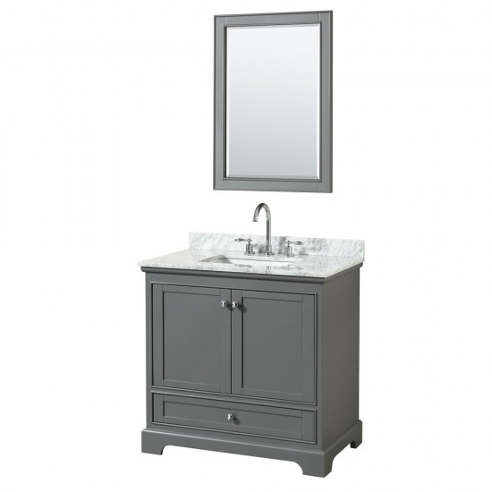 36 Inch Single Bathroom Vanity in Dark Gray, White Carrara Marble Countertop, Sink, 24 Inch Mirror