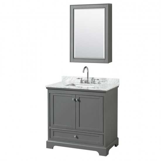 36 Inch Single Bathroom Vanity in Dark Gray, White Carrara Marble Countertop, Sink, Medicine Cabinet