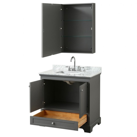 36 Inch Single Bathroom Vanity in Dark Gray, White Carrara Marble Countertop, Sink, Medicine Cabinet