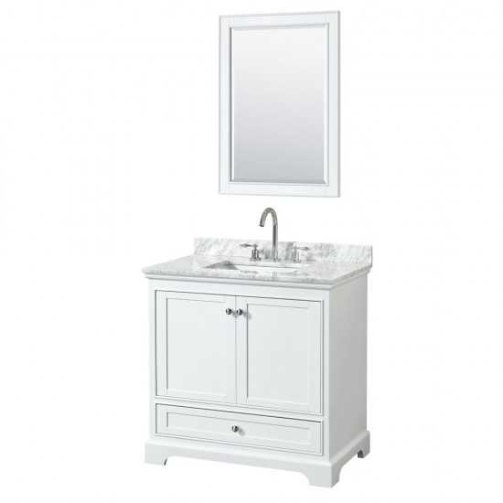 36 Inch Single Bathroom Vanity in White, White Carrara Marble Countertop, Sink, 24 Inch Mirror