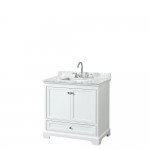 36 Inch Single Bathroom Vanity in White, White Carrara Marble Countertop, Sink, No Mirror