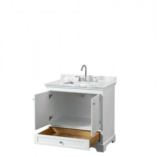 36 Inch Single Bathroom Vanity in White, White Carrara Marble Countertop, Sink, No Mirror