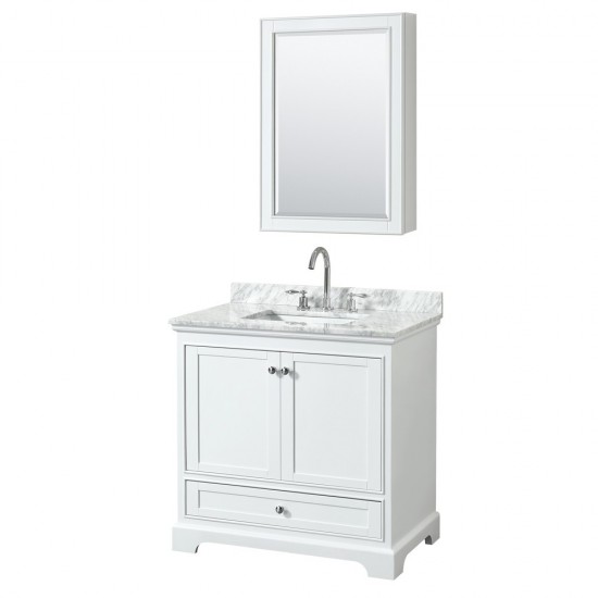 36 Inch Single Bathroom Vanity in White, White Carrara Marble Countertop, Sink, Medicine Cabinet