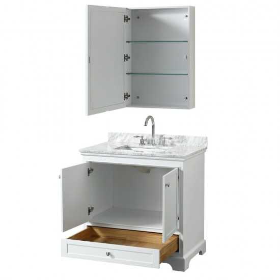 36 Inch Single Bathroom Vanity in White, White Carrara Marble Countertop, Sink, Medicine Cabinet